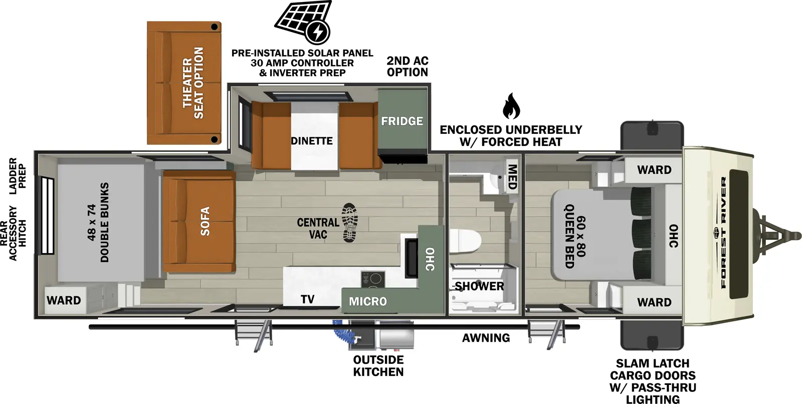 The No Boundaries NB20.9 floorplan has two entries and one slide out. Exterior features include: fiberglass exterior, 21' awning and outside kitchen. Interiors features include: bunk beds, front bedroom and pass through bathroom.